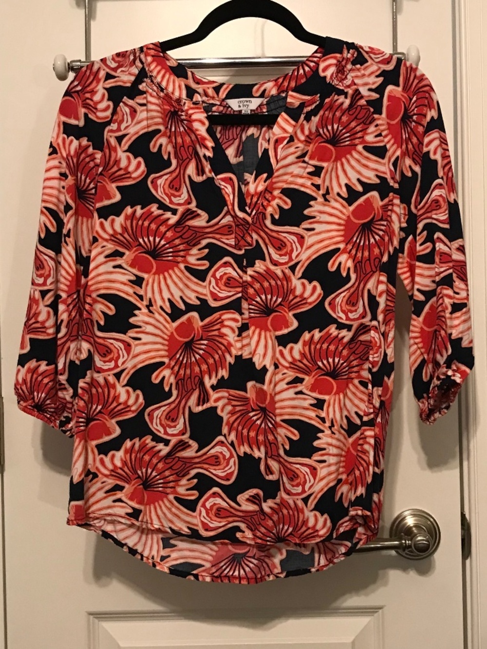 Crown & Ivy black 3/4 sleeve v-neck blouse with red & pink floral pattern (XS)